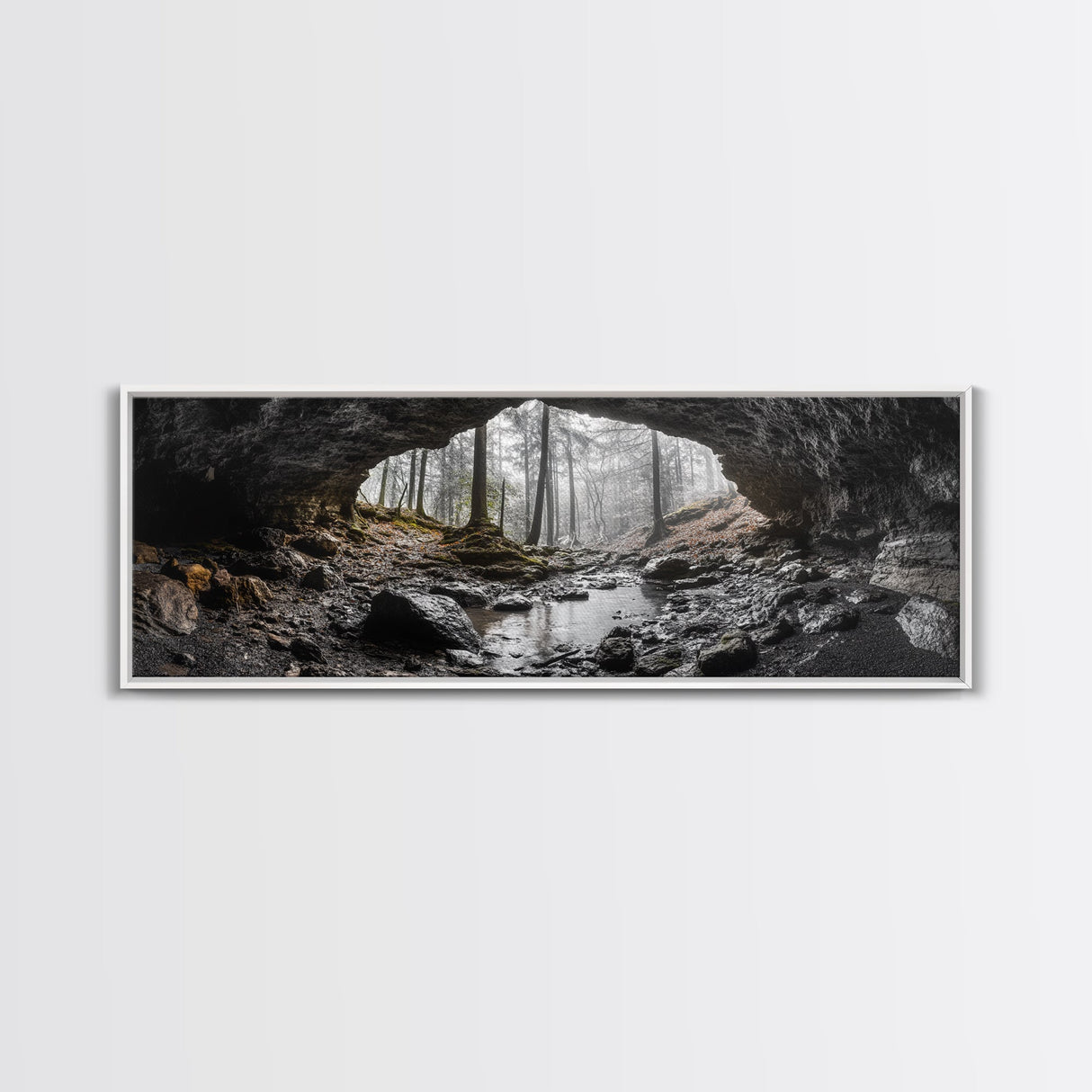Forest Cave, Woodland Stream, Natural Light, Hidden Path, Framed Canvas Print, Cabin Wall Art, Rustic Decor, Adventure Photography