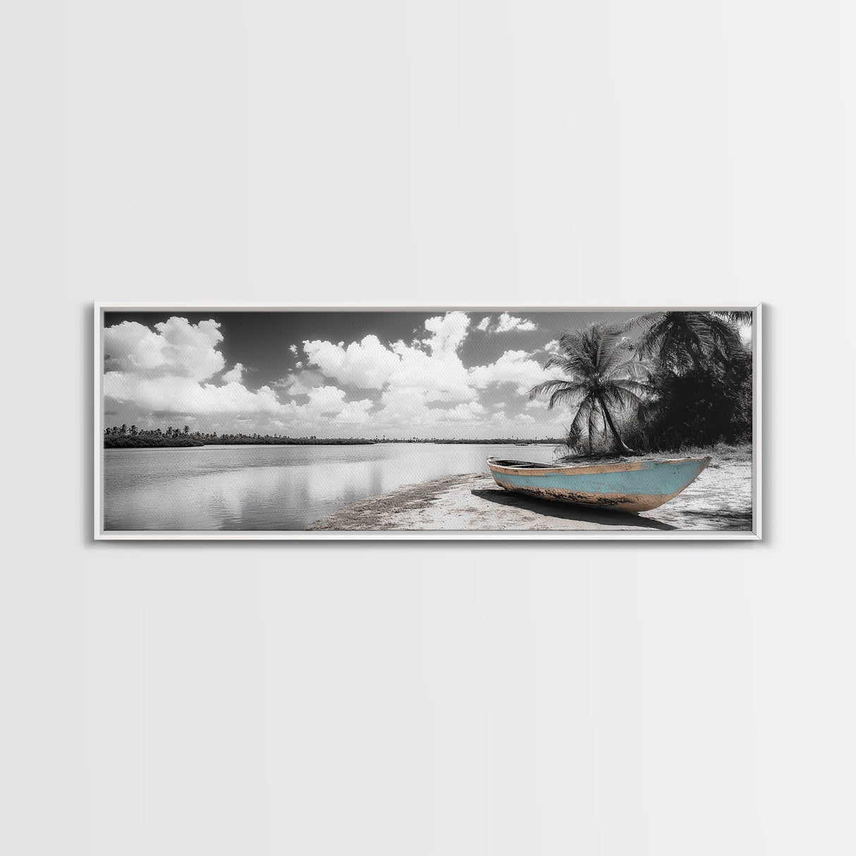 Tropical Boat, Deserted Beach, Palms and Clouds, Ocean Peace, Framed Canvas Print, Boho Wall Art, Bedroom Decor, Seaside Minimalism