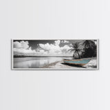 Tropical Boat, Deserted Beach, Palms and Clouds, Ocean Peace, Framed Canvas Print, Boho Wall Art, Bedroom Decor, Seaside Minimalism