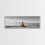 Orange Jacket, Solitude Man, Sea Gaze, Minimal Mood, Framed Canvas Print, Office Wall Art, Modern Decor, Reflective Photography