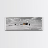 Winter Fishing, Ice House, Snowy Sky, Arctic Chill, Framed Canvas Print, Cabin Wall Art, Minimalist Winter Decor, Monochrome Scene