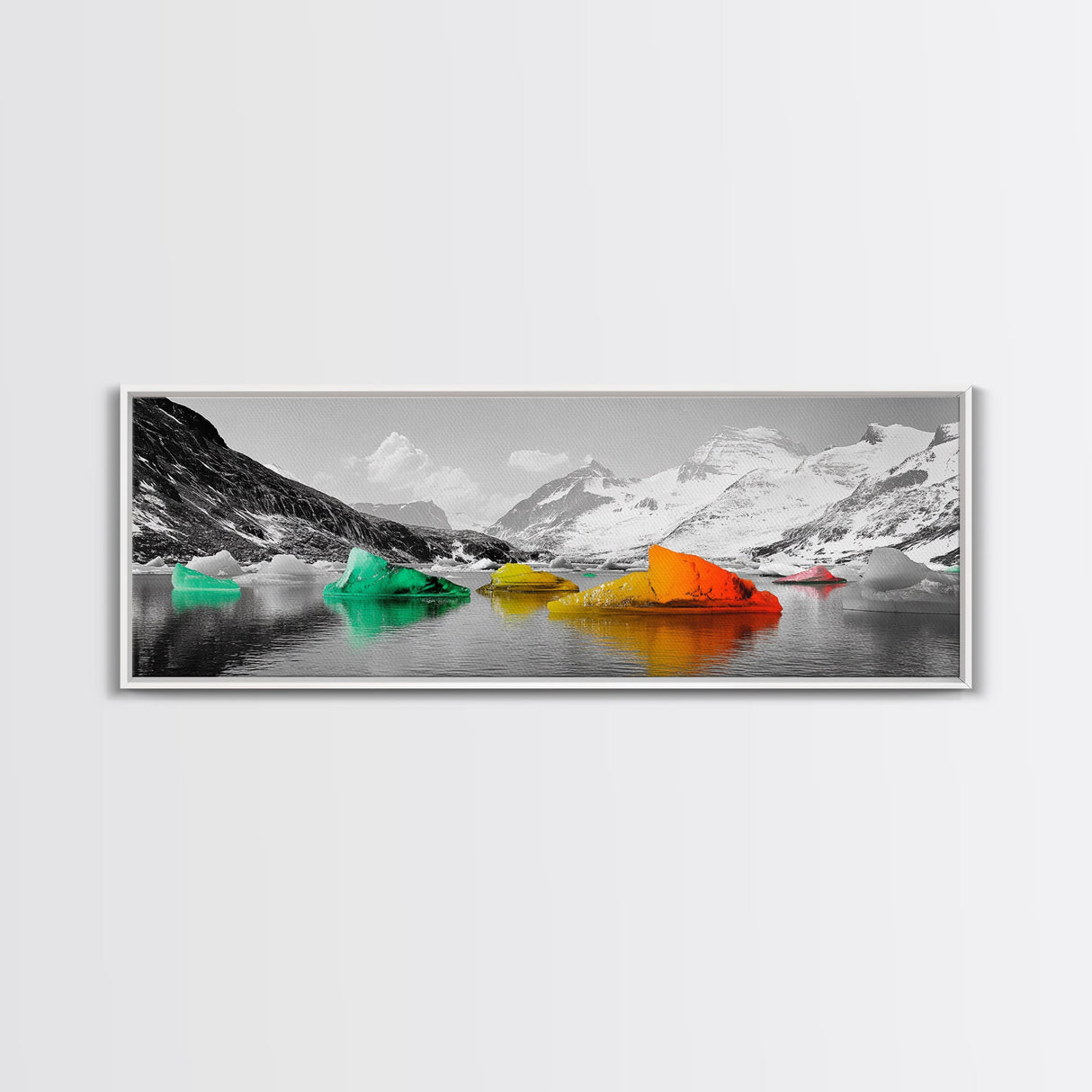 Rainbow Icebergs, Arctic View, Frozen Sea, Vibrant Chill, Framed Canvas Print, Kids Room Art, Surreal Landscape, Winter Fantasy