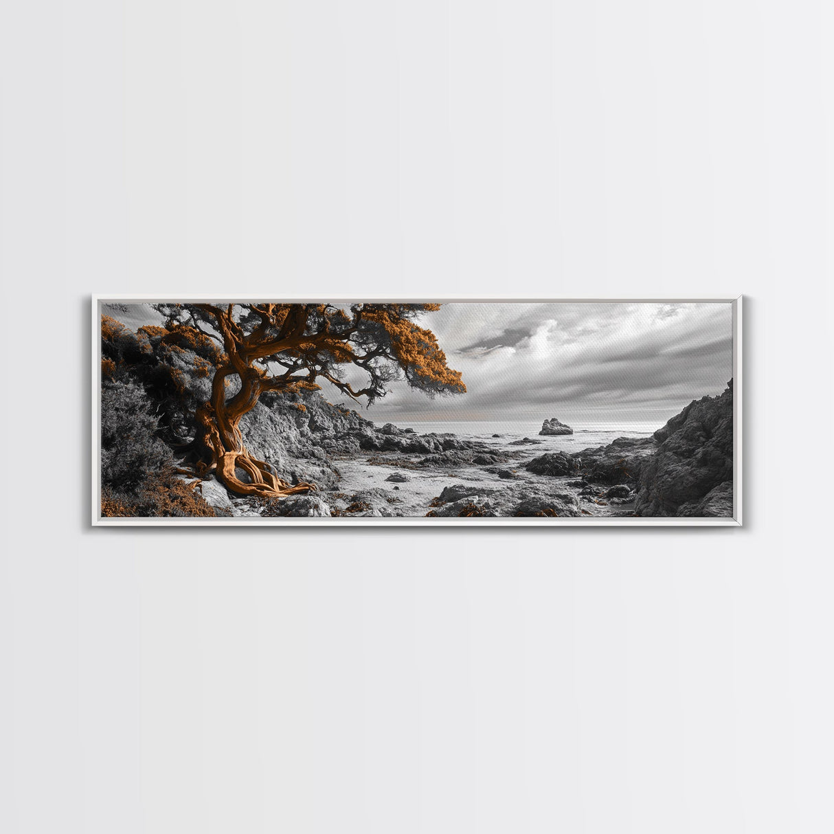 Twisted Tree, Rugged Coast, Autumn Forest, Framed Canvas Print, fall wall art, rustic nature print, living room decor, woodland landscape