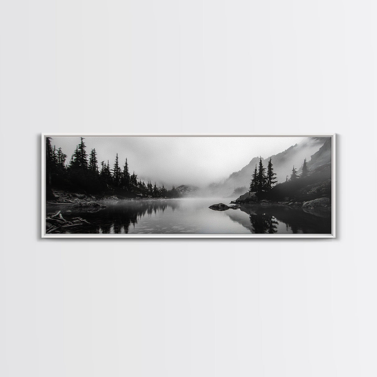 Foggy Pines, Mountain Reflection, Monochrome Wilderness, Canvas Print, black and white wall art, cabin decor, minimalist forest scene