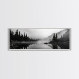 Foggy Pines, Mountain Reflection, Monochrome Wilderness, Canvas Print, black and white wall art, cabin decor, minimalist forest scene
