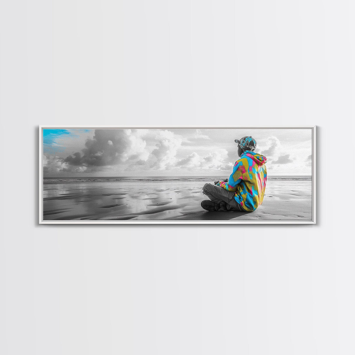 Colorful Hoodie, Peaceful Ocean, Reflective Moment, Street Style, Framed Canvas Print, Boho Wall Art, Teen Bedroom Decor