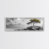 Lone Tree Cliff, Windy Ocean View, Golden Branches, Canvas Print, Moody Landscape Art, Neutral Tones, Office Wall Decor, Minimalist Style