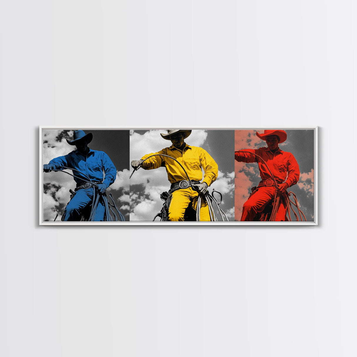 Cowboy Pop Art, Red Yellow Blue Trio, Western Rodeo Style, Framed Canvas Print, Bold Color Wall Art, Man Cave Decor, Modern Western Art