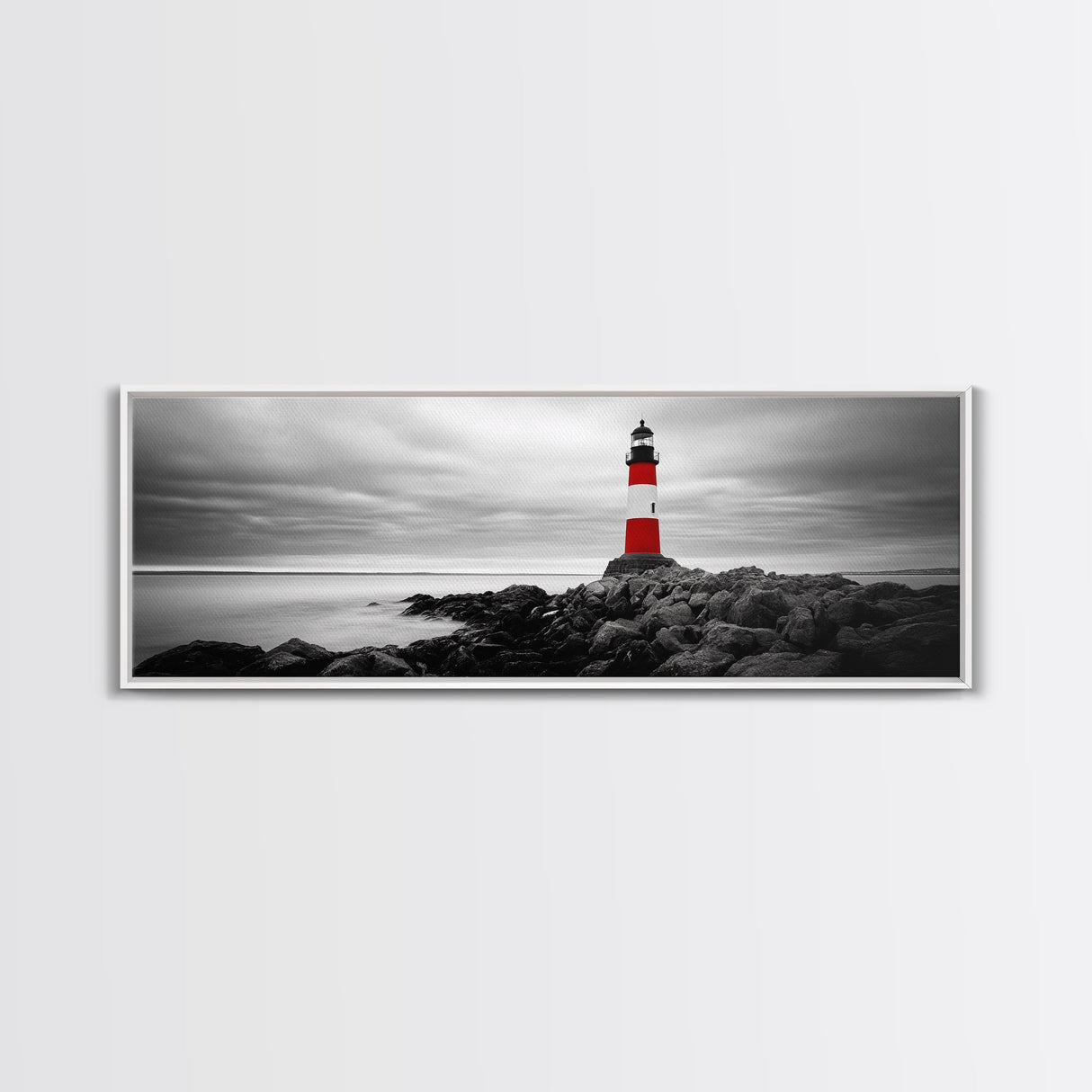 Lighthouse Coastline, Red Beacon, Stormy Sea, Black and White Landscape, Framed Canvas Print, Nautical Decor, Office Wall Art, Modern Style