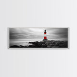 Lighthouse Coastline, Red Beacon, Stormy Sea, Black and White Landscape, Framed Canvas Print, Nautical Decor, Office Wall Art, Modern Style