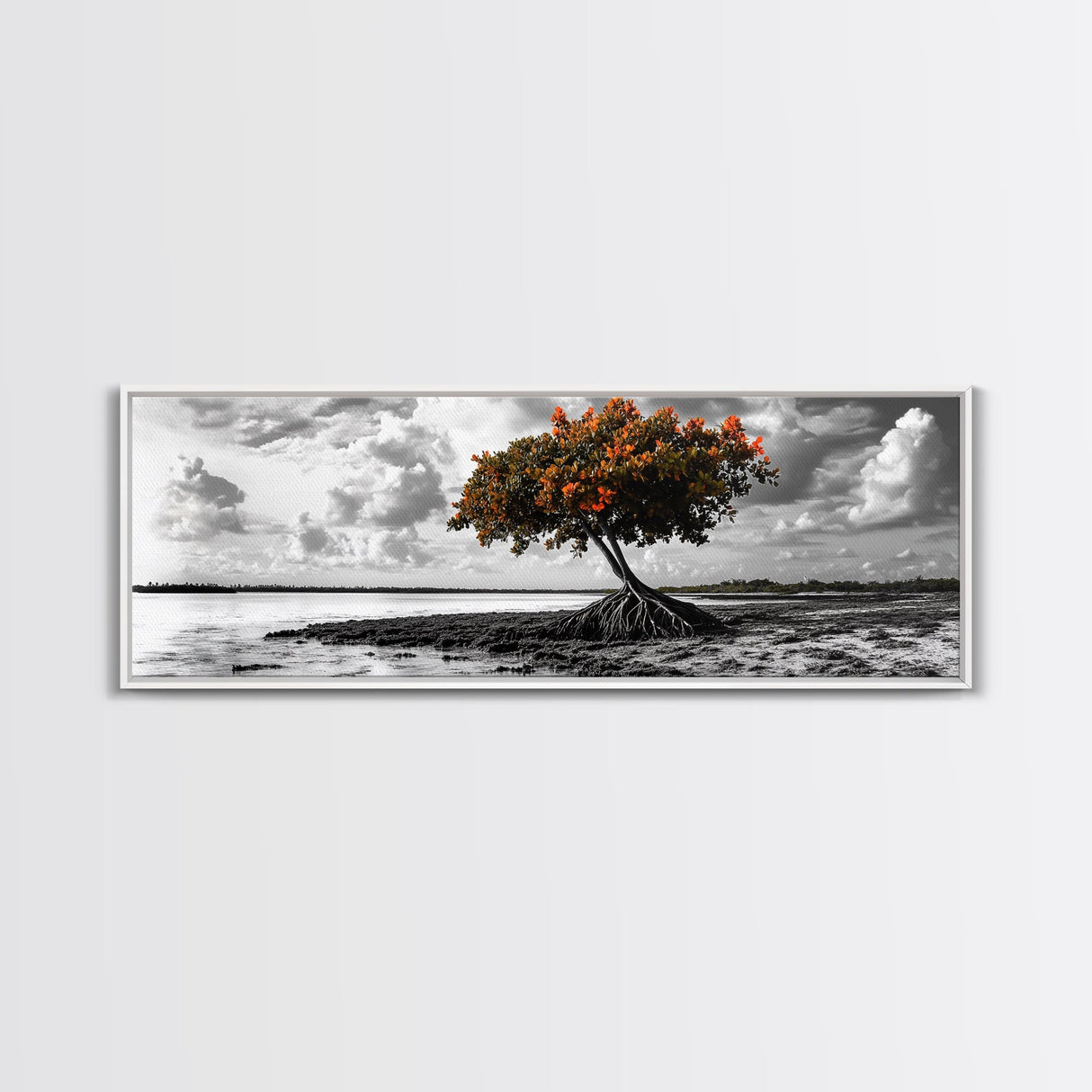Mangrove Tree, Coastal Roots, Windswept Shore, Stormy Sky, Framed Canvas Print, Entryway Wall Art, Tropical Nature Art, Minimalist Style