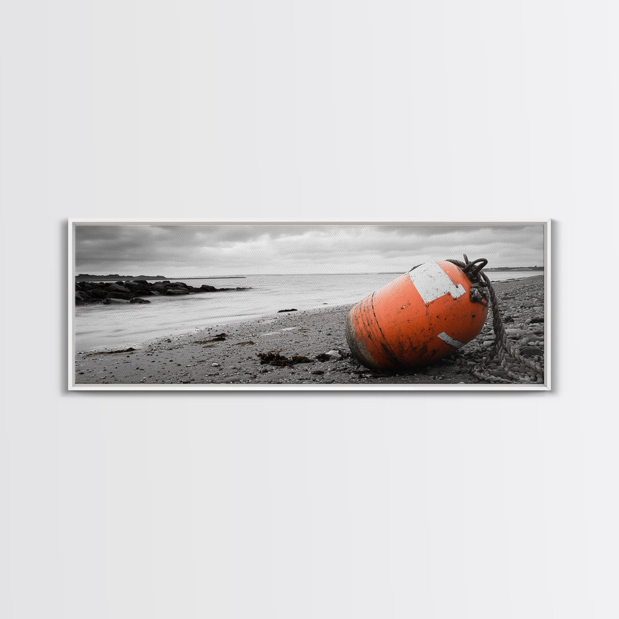 Beach Buoy, Coastal Drift, Orange Marker, Tidal Shore, Framed Canvas Print, Bathroom Wall Decor, Nautical Minimalism, Modern Ocean Art