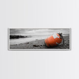 Beach Buoy, Coastal Drift, Orange Marker, Tidal Shore, Framed Canvas Print, Bathroom Wall Decor, Nautical Minimalism, Modern Ocean Art