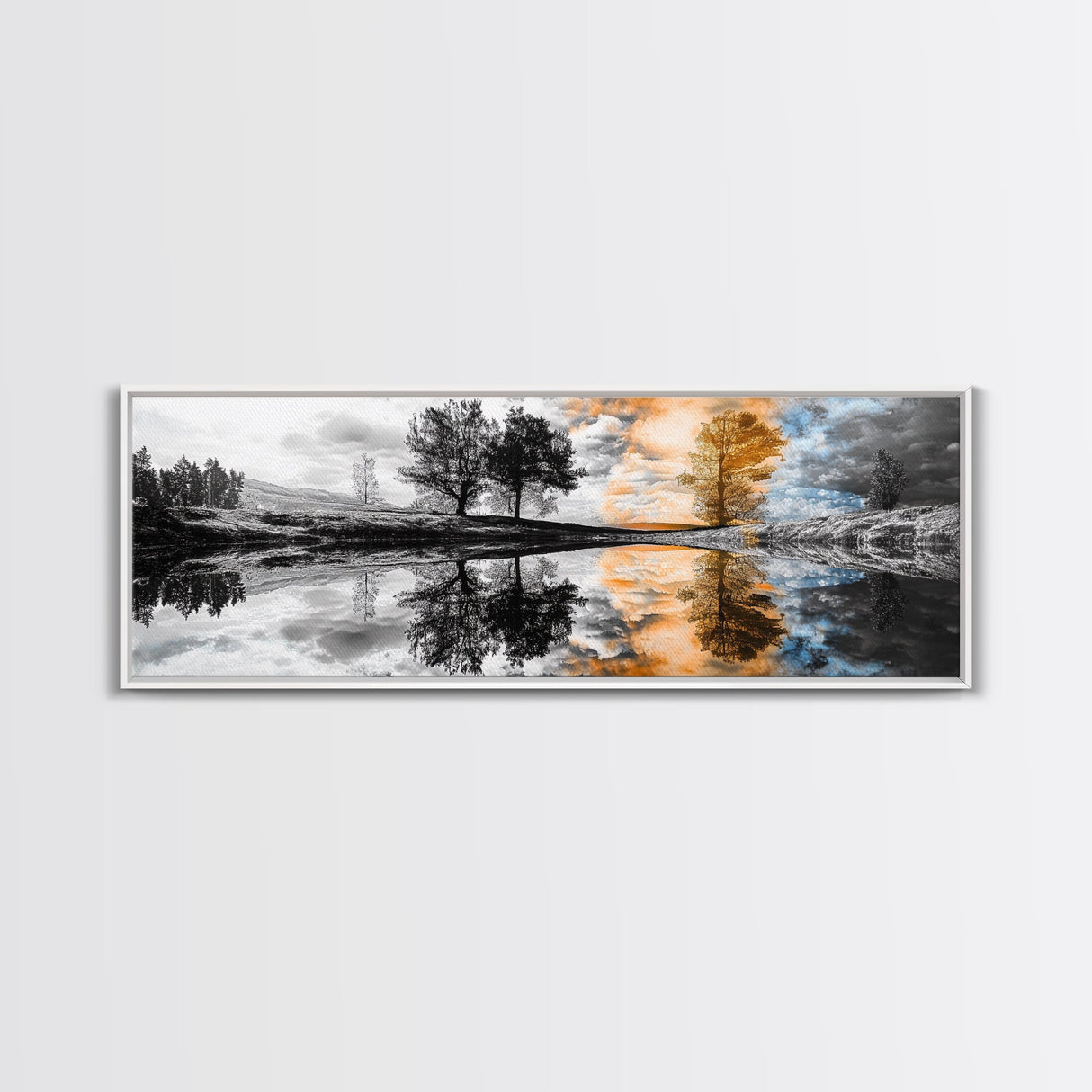 Surreal Reflection, Tree Silhouettes, Split Sky, Framed Canvas Print, trippy landscape art, black and white dreamy wall decor