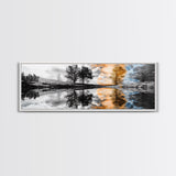 Surreal Reflection, Tree Silhouettes, Split Sky, Framed Canvas Print, trippy landscape art, black and white dreamy wall decor