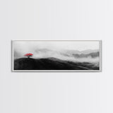 Lone Red Tree, Misty Hills, Minimalist Landscape, Framed Canvas Print, serene bedroom wall art, abstract black and white decor