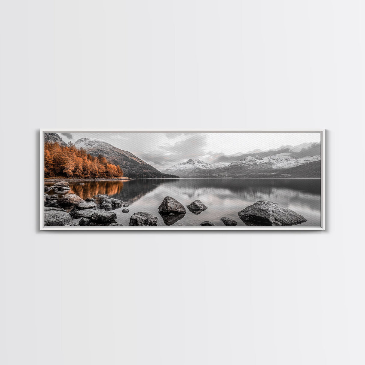 Autumn Lake Reflection, Serene Mountains, Warm Tones, Framed Canvas Print, Fall Home Decor, Rustic Landscape, Cabin Wall Art