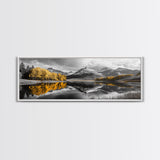 Yellow Autumn Forest, Lake Reflection, Black White Mountains, Canvas Print, Rustic Wall Art, Living Room Nature Scene