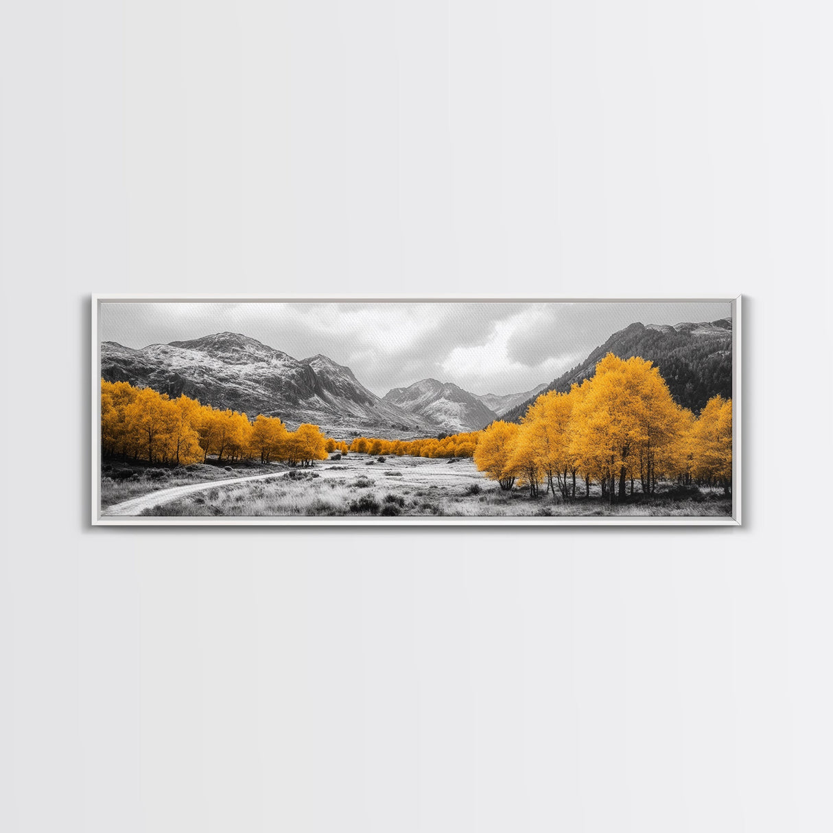 Golden Trees Trail, Snowy Peaks, Serene Landscape, Framed Canvas Print, Autumn Home Decor, Cozy Wall Art, Cabin Aesthetic