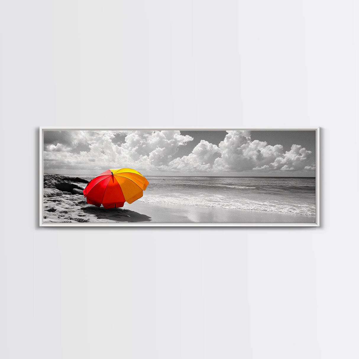Red Yellow Umbrella, Beach Art, Summer Decor, Modern Coastal Print, Framed Canvas Print, Minimalist Wall Art, Bathroom or Hallway Decor