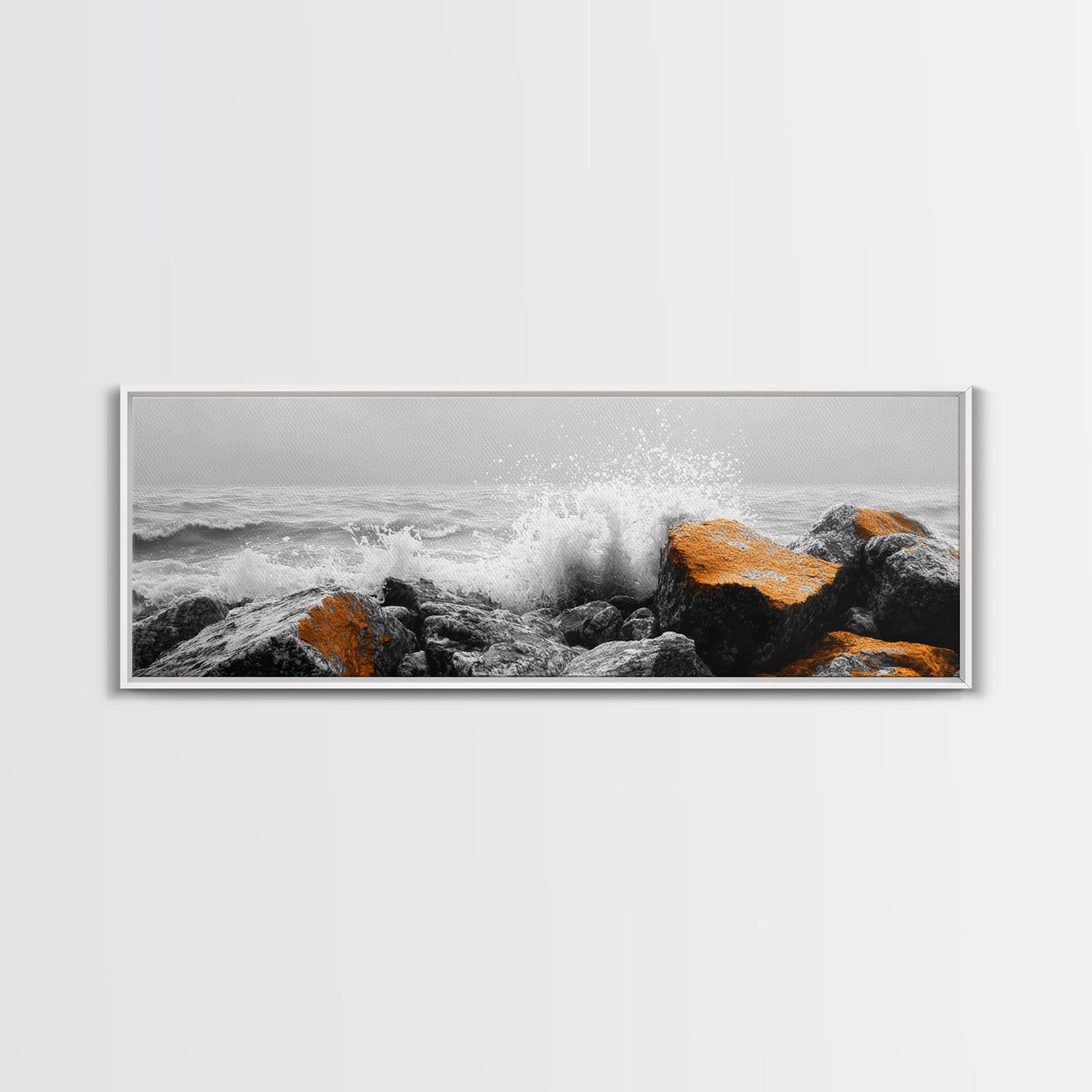 Orange Splash Rocks, Coastal Waves, Sea Spray Art, Canvas Print, Modern Beach Decor, Nature Wall Art, Bold Ocean Landscape