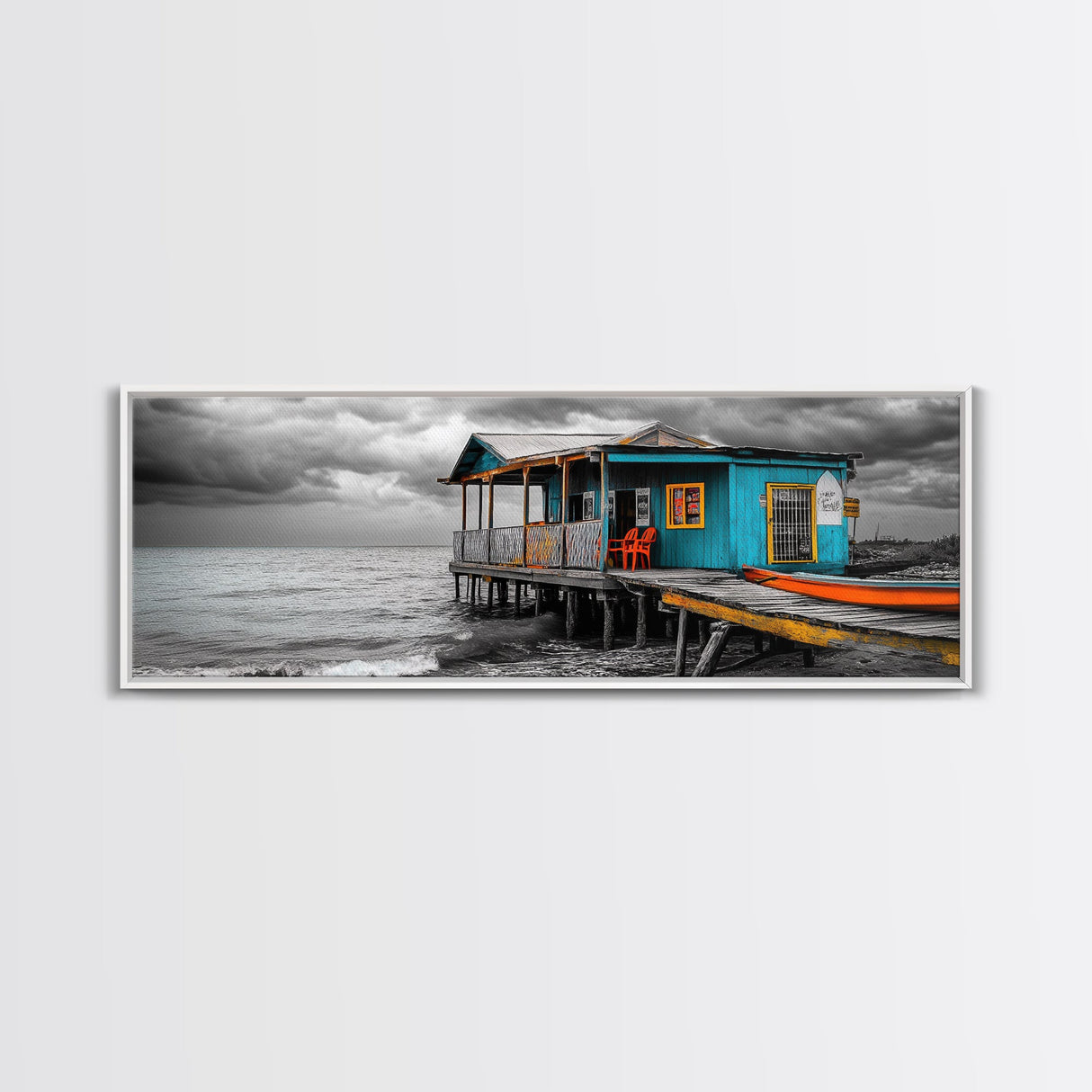 Rustic Shack, Ocean Pier, Stormy Skies, Tropical Retreat, Framed Canvas Print, Nautical Wall Art, Beach Cabin Decor, Lake House Style