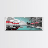 Poolside Escape, Beach Umbrellas, Luxury Retreat, Modern Resort, Framed Canvas Print, Vacation Vibes, Coastal Living, Bedroom Wall Art
