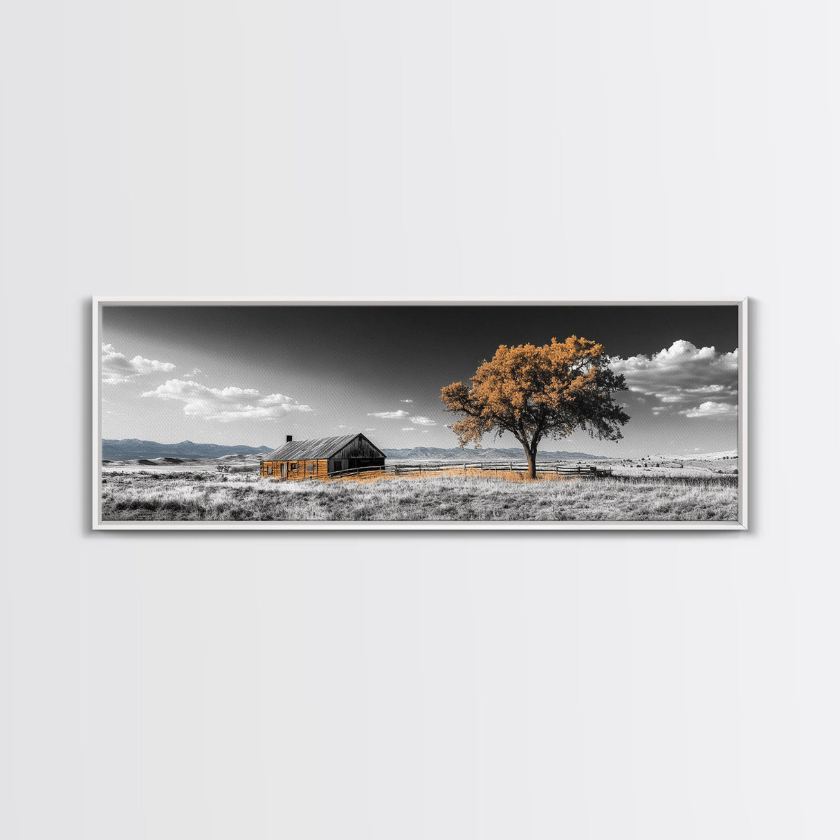 Prairie Cabin, Golden Tree, Rural Landscape, Open Sky, Framed Canvas Print, Country Decor, Farmhouse Wall Art, Rustic Bedroom Style
