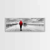 Red Jacket Walk, Rainy Boardwalk Scene, Urban Solitude, Moody Landscape Photography, Canvas Print, Entryway Wall Art, Minimalist Decor