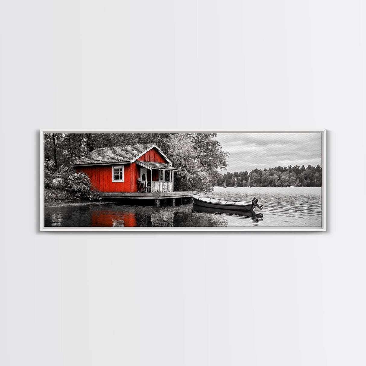 Lakeside Cabin Red, Boat House Retreat, Serene Waterfront, Autumn Color Pop, Canvas Print, Cozy Living Room Wall Art, Nature Home Decor