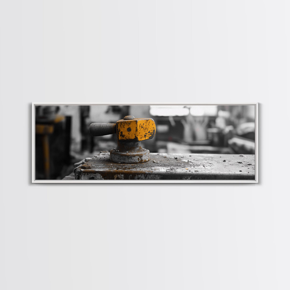Yellow Metal Lever, Industrial Machine Detail, Workshop Photography, Gritty Rustic Vibe, Canvas Print, Garage Wall Art, Urban Loft Decor