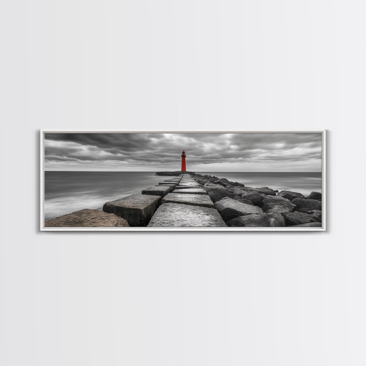 Red Lighthouse Coast, Seaside Rock Jetty, Stormy Sky Mood, Nautical Beacon View, Canvas Print, Bathroom Wall Art, Coastal Modern Decor