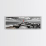 Red Lighthouse Coast, Seaside Rock Jetty, Stormy Sky Mood, Nautical Beacon View, Canvas Print, Bathroom Wall Art, Coastal Modern Decor