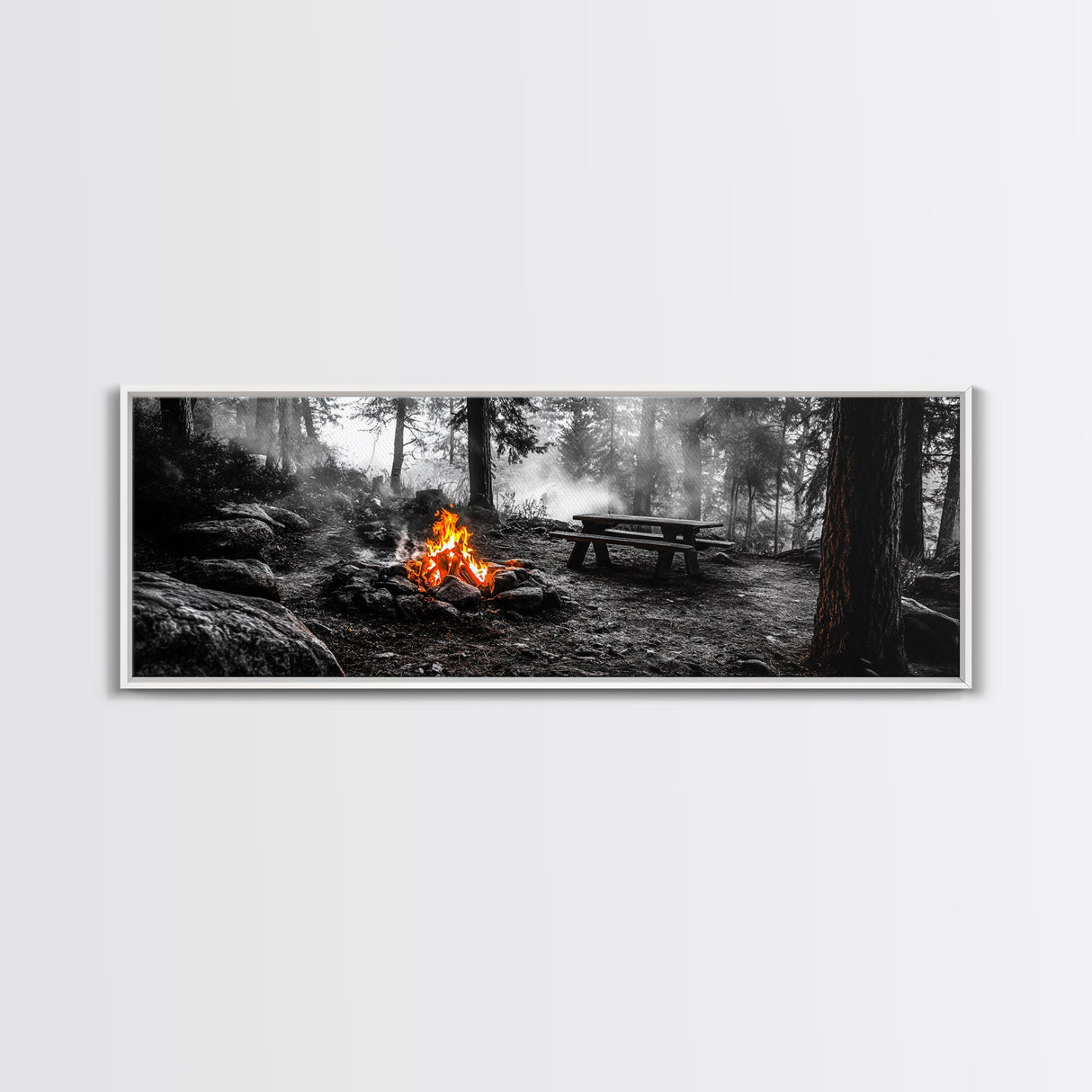 Forest Firepit, Picnic Spot, Smoky Trees, Nature Flame, Canvas Print, Fall Wall Art, Camping Cabin Decor, Rustic Outdoor Style