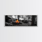 Forest Firepit, Picnic Spot, Smoky Trees, Nature Flame, Canvas Print, Fall Wall Art, Camping Cabin Decor, Rustic Outdoor Style