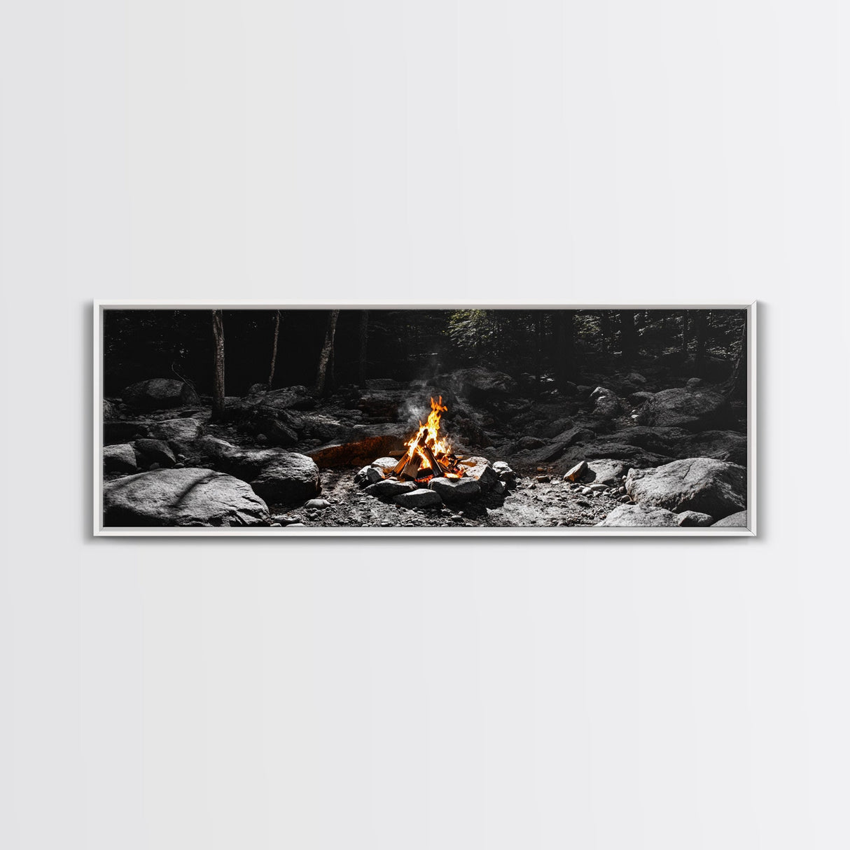 Stone Circle, Night Fire, Forest Blaze, Cozy Gathering, Canvas Print, Wilderness Wall Art, Fall Camping Decor, Rustic Cabin Style