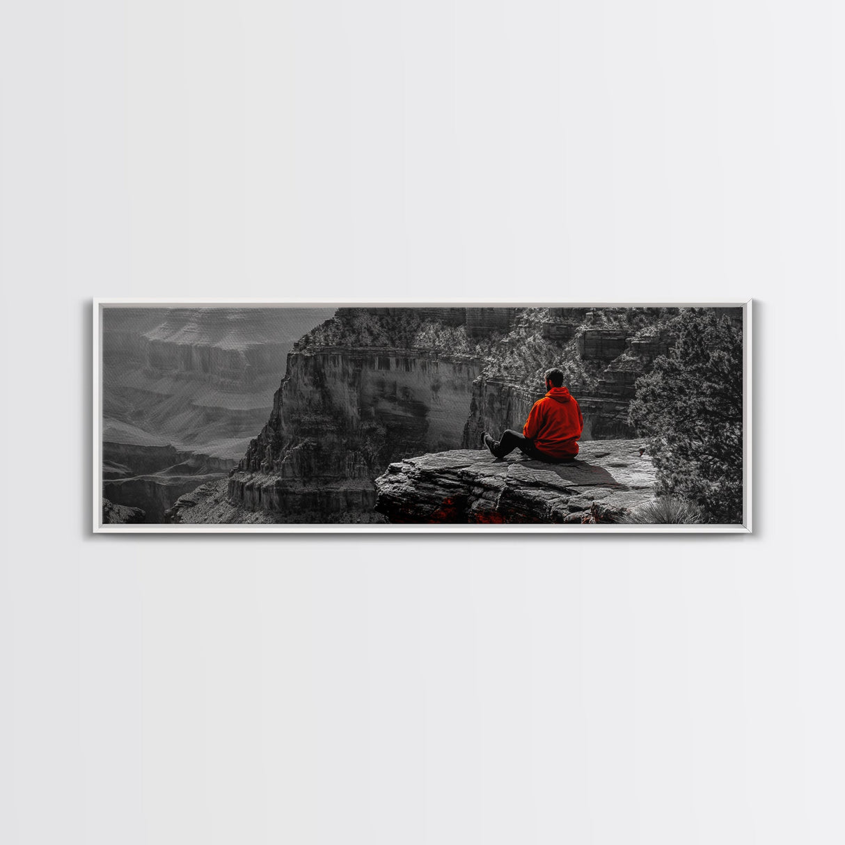 Grand Canyon, Meditation Art, Red Jacket, Adventure Scene, Framed Canvas Print, Hiking Wall Art, Man Cave Decor, Minimalist Landscape