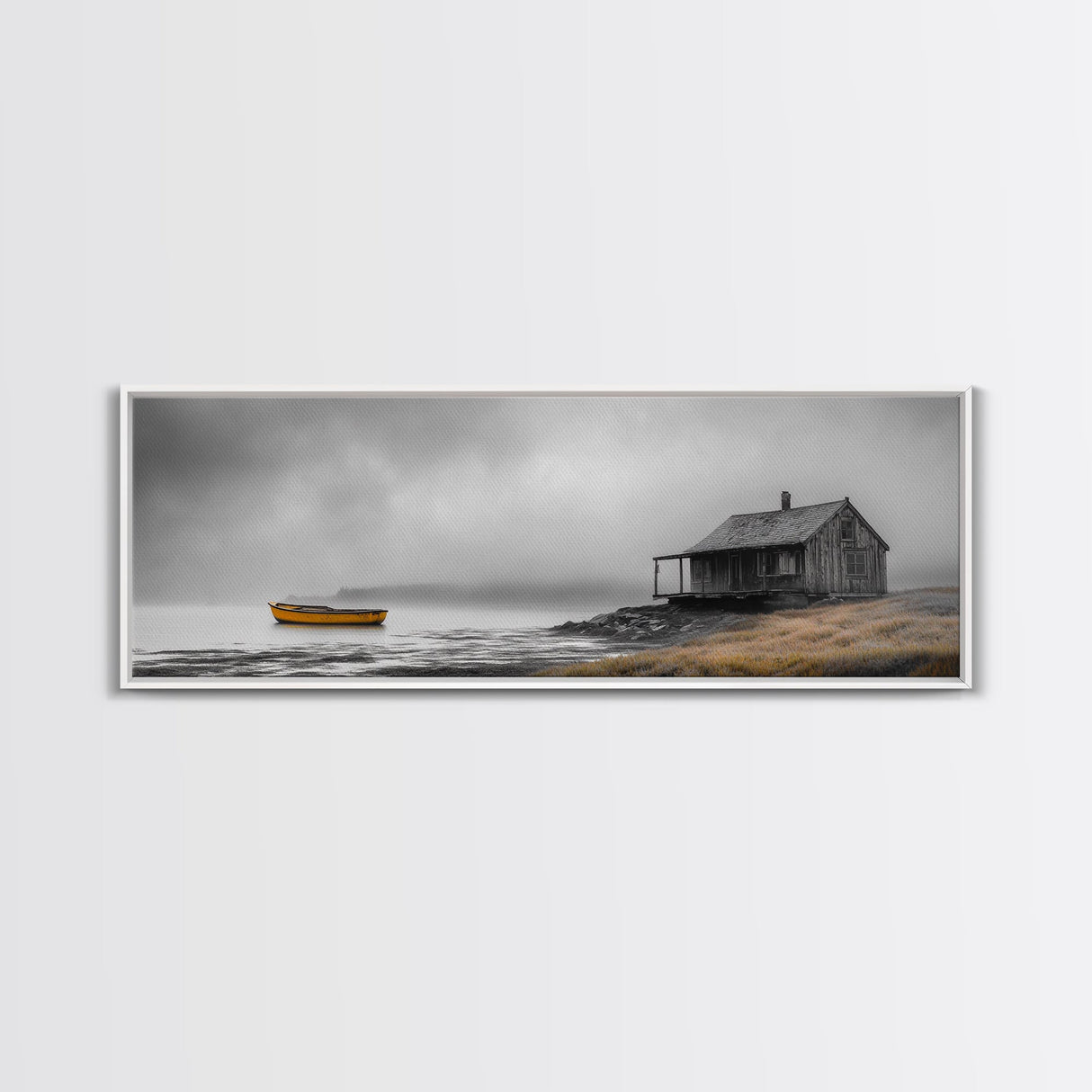 Foggy Lake, Yellow Boat, Rustic Cabin, Coastal Calm, Framed Canvas Print, Autumn Wall Art, Bedroom Decor, Minimalist Nature Photography