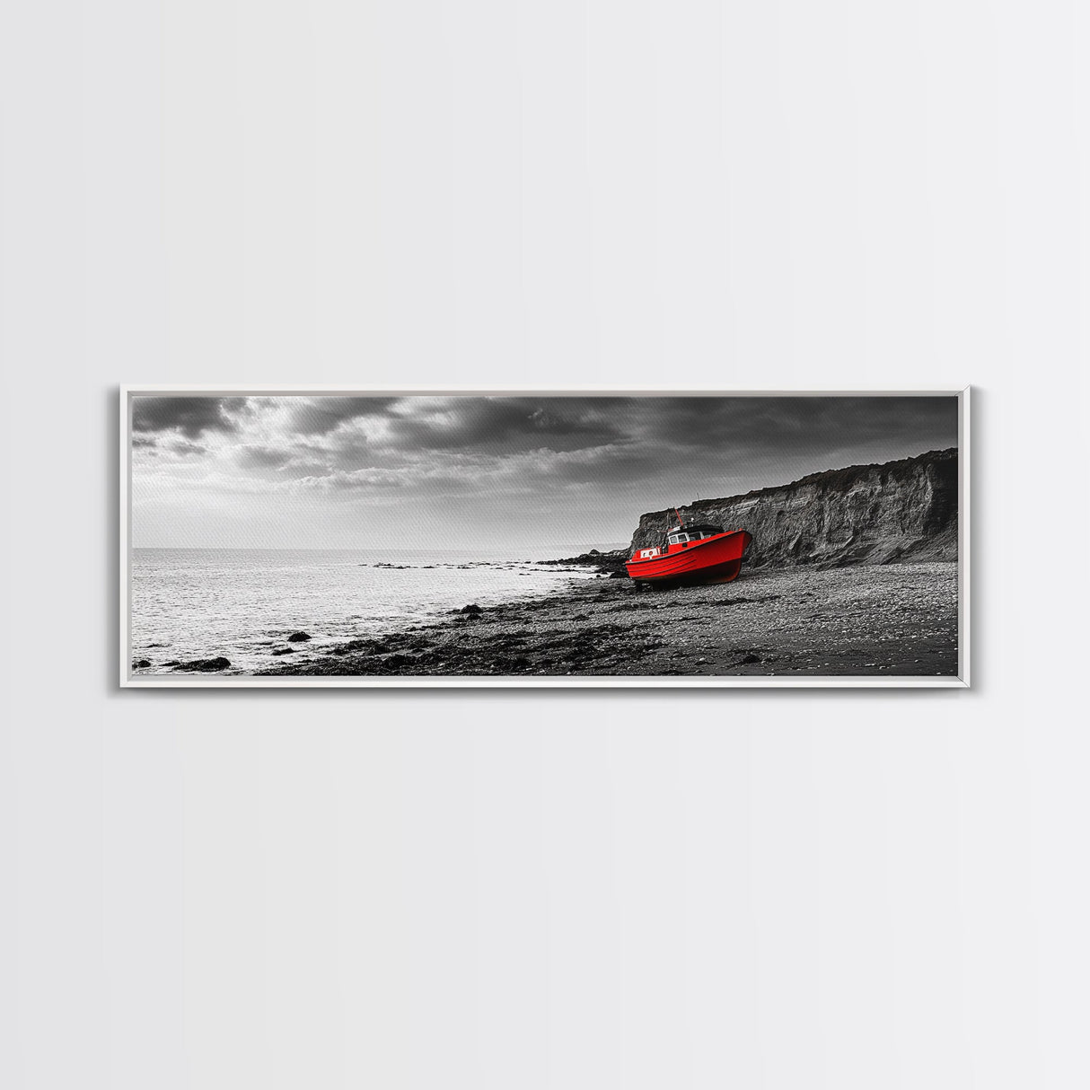 Red Boat, Rocky Shore, Dramatic Sky, Abandoned Vessel, Framed Canvas Print, Nautical Living Room Art, Moody Coastal Home Decor