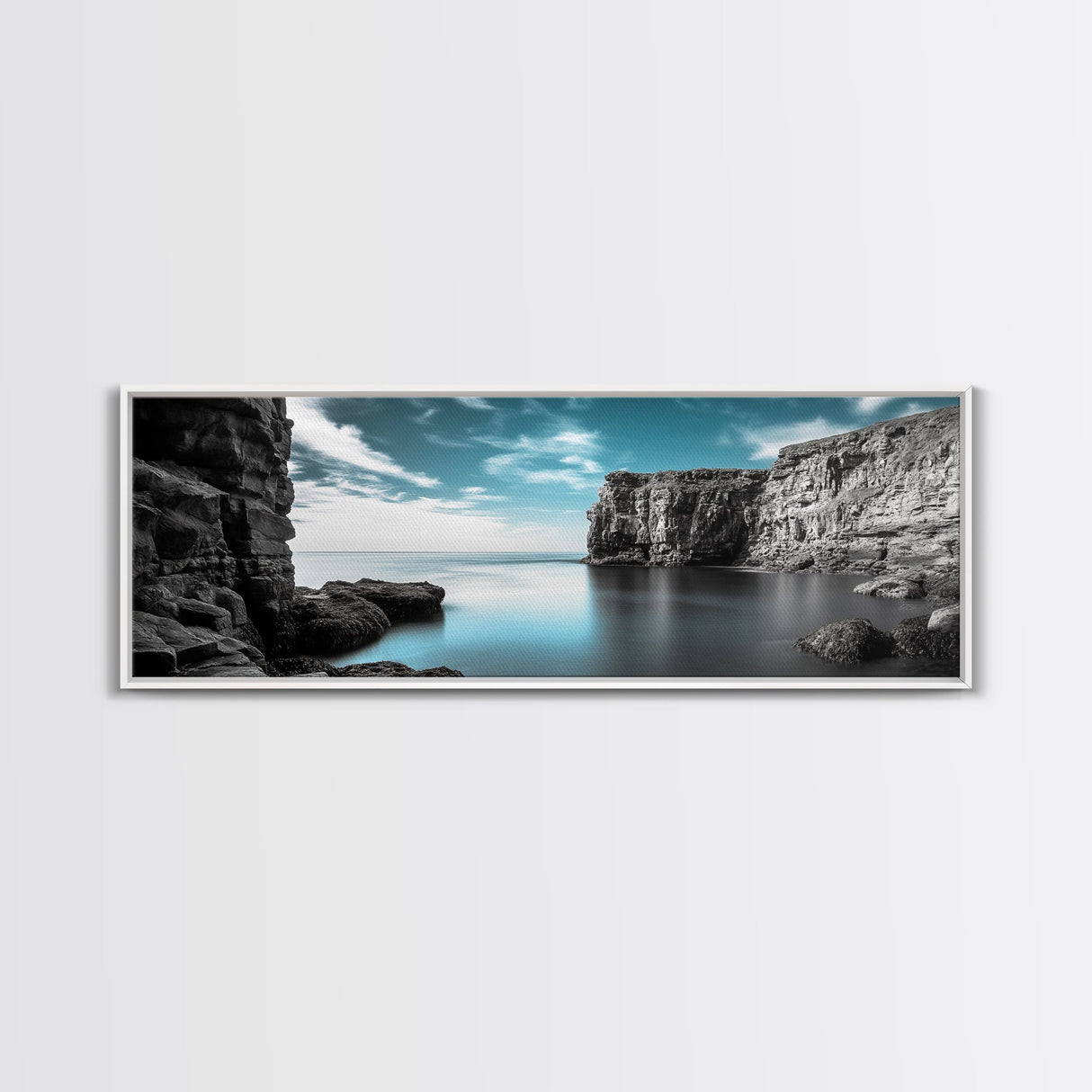 Serene Cove, Cliff Reflections, Blue Water, Coastal Escape, Framed Canvas Print, Tranquil Ocean Art, Bathroom or Spa Wall Decor