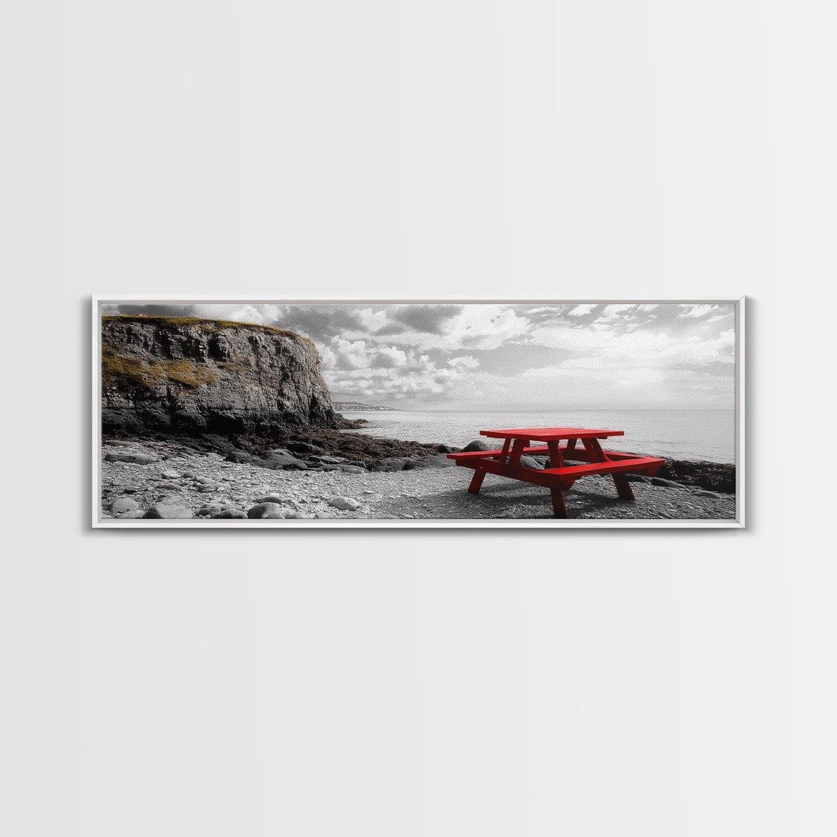 Red Picnic Table, Rocky Shore Cliffs, Bold Coastal View, Framed Canvas Print, Rustic Wall Art, Cabin Decor, Nature Lovers Gift
