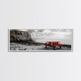 Red Picnic Table, Rocky Shore Cliffs, Bold Coastal View, Framed Canvas Print, Rustic Wall Art, Cabin Decor, Nature Lovers Gift