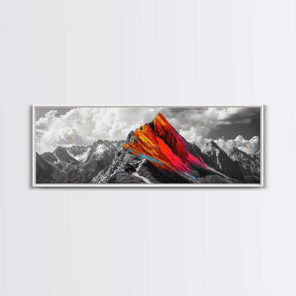 Neon Mountain Peak, Abstract Vibrant Alps, Bold Wilderness Colors, Framed Canvas Print, Modern Wall Art, Adventure Home Decor