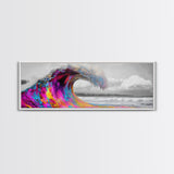 Rainbow Wave Curl, Surf Art Explosion, Vibrant Ocean Energy, Framed Canvas Print, Beach House Decor, Colorful Coastal Wall Art