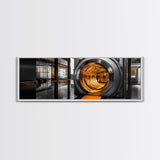 Bank Vault, Futuristic Glow, Industrial Design, Gold Tones, Framed Canvas Print, Office Wall Art, Cyberpunk Decor, Grunge Decor