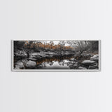 Peaceful Creek View, Fall Foliage Forest, Nature Wall Art, Fishing Scene, Framed Canvas Print, Rustic Home Decor, Autumn Photography