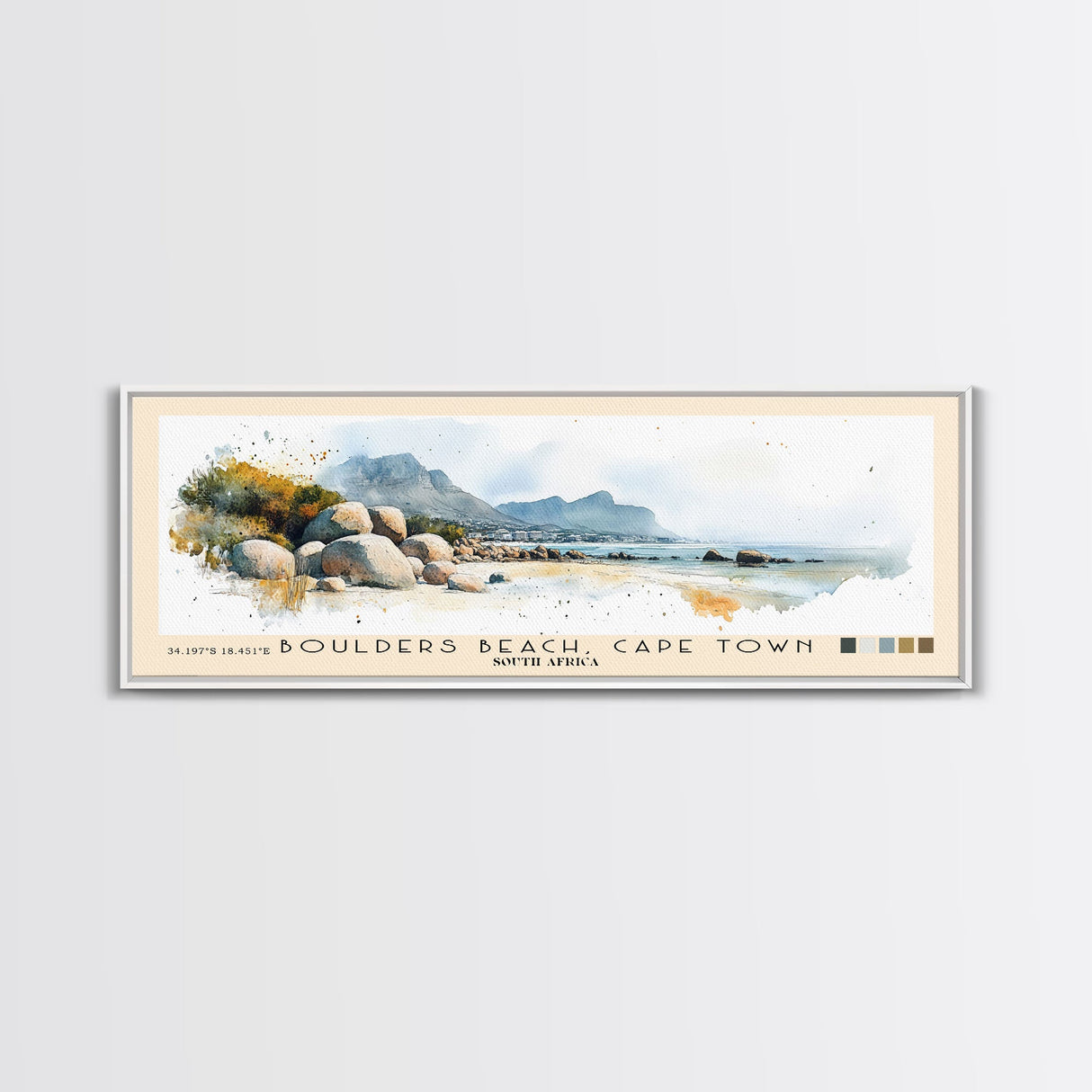 Boulders Beach, Cape Town, South Africa Watercolor Print, Vacation Gift, South Africa Wall Art, Beach Painting, Beach Decor, Large Wall Art, Wood Frame Art