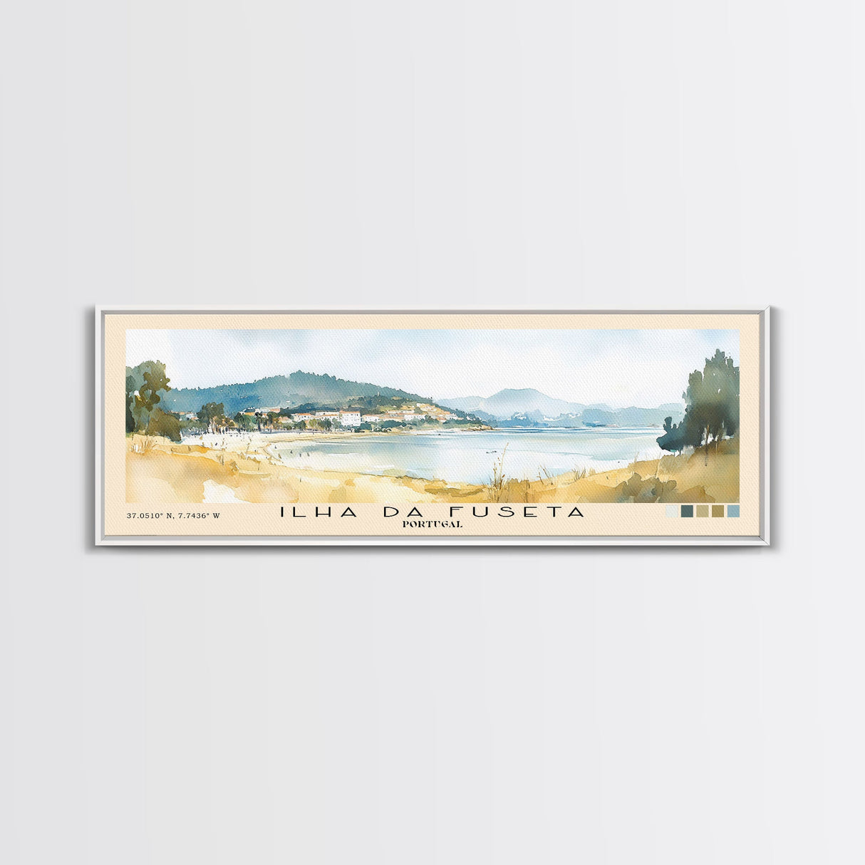 Ilha da Fuseta, Portugal Watercolor Beach Print, Vacation Gift, Portugal Wall Art, Framed Canvas Print, Framed Beach Painting