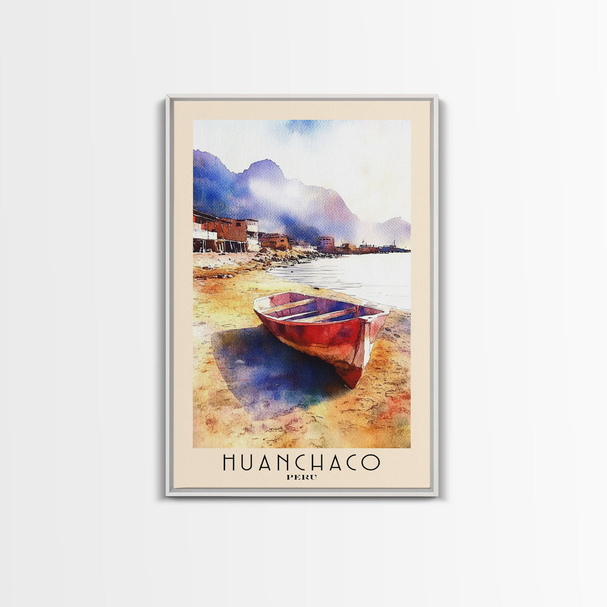 Huanchaco, Peru Watercolor Beach Print, Vacation Gift, Peru Wall Art, Framed Canvas Print, Framed Beach Painting