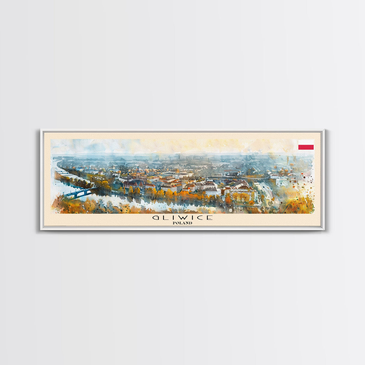Gliwice Poland Panoramic Travel Poster, Framed Canvas Print or Metal Wall Art, Travel Art, Home Decor, Panoramic Painting, Midcentury Art